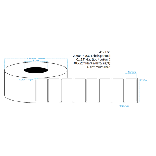 [100472-3X8-R413-129-1000000] 3" x 1.5"  MATTE WHITE Polypropylene BOPP {ROUNDED CORNERS} Roll Labels  (3"CORE/8"OD)