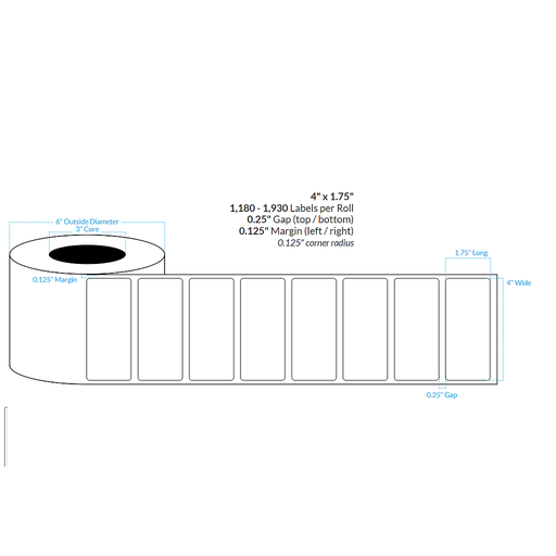 [100155-3X6-HGB-113-1000000] 4" X 1.75" HIGH GLOSS WHITE Polypropylene (BOPP) {ROUNDED CORNERS} Roll Labels  (3"CORE/6"OD)