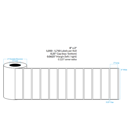 [103133-3X6-R31-113-1000000] 8" x 2" HIGH GLOSS WHITE Polypropylene BOPP {ROUNDED CORNERS} Roll Labels (3"CORE/6"OD)