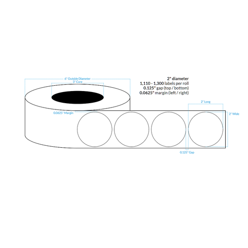 [101720-3X6-R31-113-1000000] 2" HIGH GLOSS WHITE Polypropylene BOPP {CIRCLE} Roll Labels (3"CORE/6"OD)