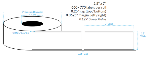 [102696-3X8-G11-183-1000000] 2.5" x 7"  MATTE WHITE PAPER {SQUARE CORNERS} Roll Labels (3"CORE/8"OD)