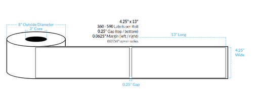 [102633-3X8-G21-110-1000000] 4.25" X 13" HIGH GLOSS WHITE Paper {SQUARE CORNERS} Roll Labels  (3"CORE/8"OD)