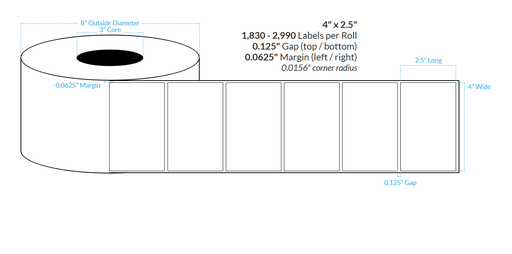 [102687-3X8-G11-182-1000000] 4" x 2.5" MATTE WHITE PAPER {SQUARE CORNERS} Roll Labels (3"CORE/8"OD)