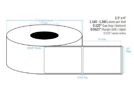 [100659-3X8-G21-129-1000000] 2.5" x 4" HIGH GLOSS WHITE PAPER {ROUNDED CORNERS} Roll Labels (3"CORE/8"OD)