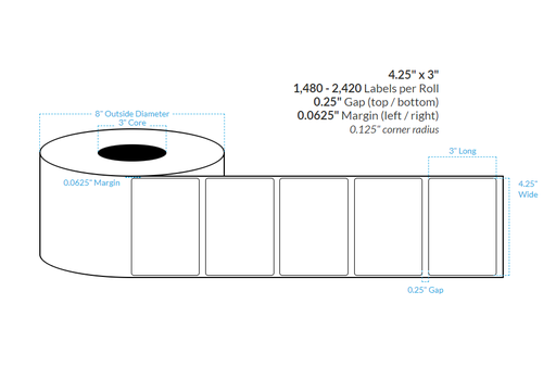 [103955-3X8-R31-138-1000000] 4.25" x 3" HIGH GLOSS WHITE Polypropylene BOPP {ROUNDED CORNERS} Roll Labels (3"CORE/8"OD)