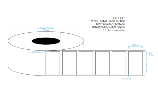 [101393-3X8-HGB-141-1000000] 2.5" x 1.5" HIGH GLOSS WHITE Polypropylene BOPP {SQUARE CORNERS} Roll Labels (3" Core/8" OD)