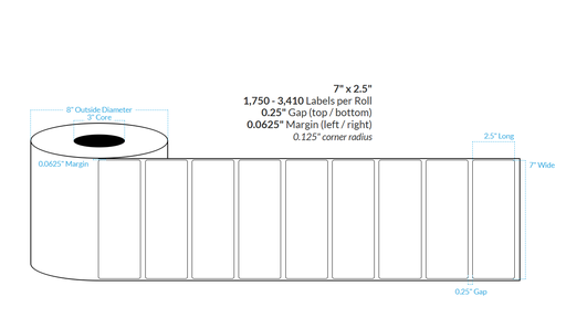 [101593-3X8-R31-182-1000000] 7" x 2.5" HIGH GLOSS WHITE Polypropylene BOPP {ROUNDED CORNERS} Roll Labels  (3"CORE/8"OD)