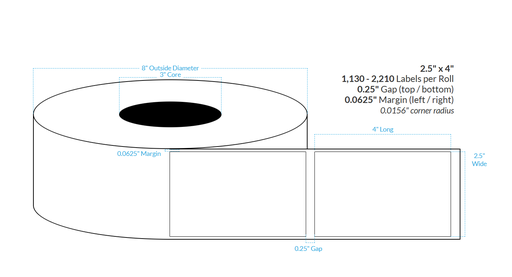 [102249-3X8-RZ6-184-1000000] 2.5" x 4" SATIN Polypropylene BOPP {SQUARE CORNERS} Roll Labels (3"CORE/8"OD)