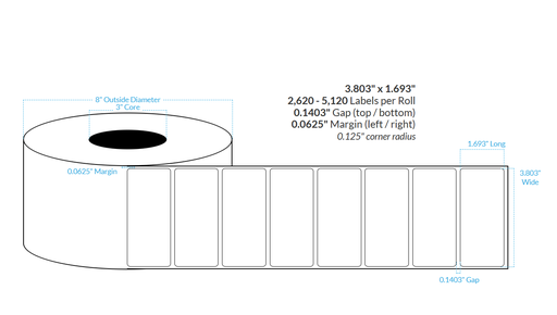 [100277-3X8-RZ6-184-1000000] 3.803" x 1.693" SATIN Polypropylene BOPP {ROUNDED CORNERS} Roll Labels (3"CORE/8"OD)