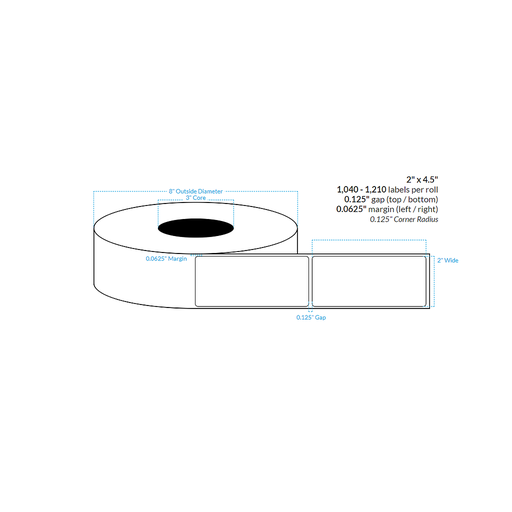 [101071-3X8-RZ6-161-1000000] 2" x 4.5" SATIN Polypropylene BOPP {ROUNDED CORNERS} Roll Labels  (3"CORE/8"OD)