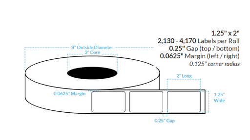 [100639-3X8-RZ6-161-1000000] 1.25" x 2" SATIN Polypropylene BOPP {ROUNDED CORNERS} Roll Labels  (3"CORE/8"OD)