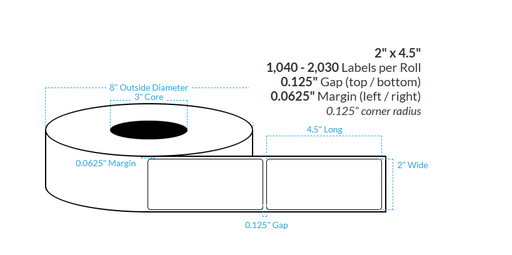 [101071-3X8-G11-161-1000000] 2" x 4.5" MATTE WHITE PAPER {ROUNDED CORNERS} Roll Labels  (3"CORE/8"OD)