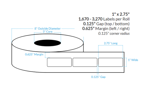 [103830-3X8-R483-182-1000000] 1" X 2.75" MATTE Polypropylene BOPP {ROUNDED CORNERS} Roll Labels  (3"CORE/8"OD)