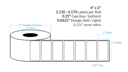 [100211-3X8-R31-142-1000000] 4" x 2" HIGH GLOSS WHITE Polypropylene BOPP {ROUNDED CORNERS} Roll Labels (3"CORE/8"OD)