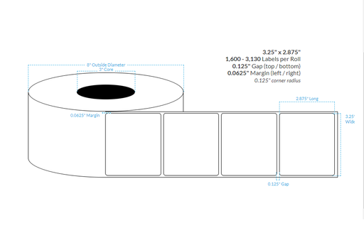 [103638-3X8-HGWP-138-1000000] 3.25" x 2.875" HIGH GLOSS WHITE PAPER {ROUNDED CORNERS} Roll Labels (3"CORE/8"OD)