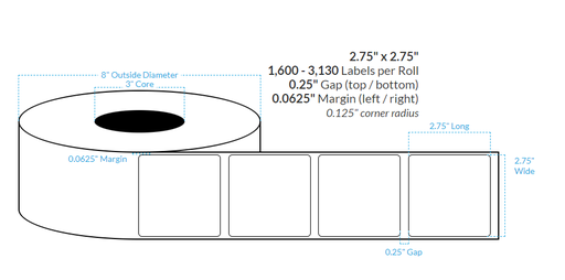 [100464-3X8-SSH-161-1110000] 2.75" x 2.75" SMOOTH SILVER HOLOGRAPHIC {ROUNDED CORNERS/TIMING MARKS/MATRIX ON} Roll Labels  (3"CORE/8"OD)