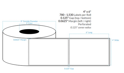 [101400-3X8-SSH-161-1110000] 4" X 6" SMOOTH SILVER HOLORGRAPHIC {ROUNDED CORNERS/PERFORATED/TIMING MARKS/MATRIX ON} Roll Labels  (3"CORE/8"OD)