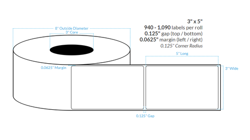 [100537-3X8-RMWB-161-1000000] 3" x 5" REMOVABLE MATTE WHITE Polypropylene BOPP {ROUNDED CORNERS} Roll Labels  (3"CORE/8"OD)