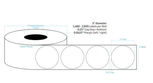 [100503-3X8-HGB-115-1110000] 3" HIGH GLOSS WHITE Polypropylene BOPP {CIRCLE} Roll Labels  (3"CORE/8"OD)  AFINIA L801 SPECIFIC