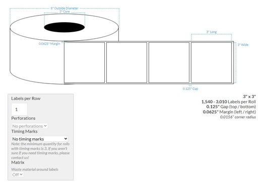 [103054-3X8-HGB-129-1000000] 3" x 3" HIGH GLOSS WHITE Polypropylene BOPP {SQUARE CORNERS} Roll Labels  (3"CORE/8"OD)