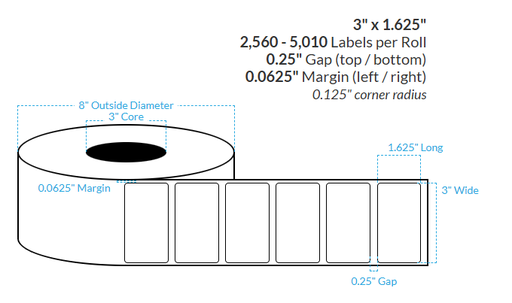 [103339-3X8-LCPET-163-1100000] 3" x 1.625" LASER CLEAR PET {ROUNDED CORNERS} Roll Labels  (3"CORE/8"OD)