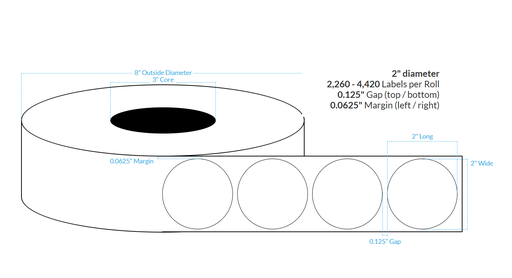 [100567-3X8-HGB-129-1110000] 2" HIGH GLOSS WHITE Polypropylene BOPP {CIRCLE} Roll Labels w/Timing Marks (3"CORE/8"OD)