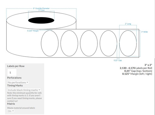 [102401-3X8-HGB-189-1110000] 3" X 2" HIGH GLOSS WHITE Polypropylene BOPP {OVAL} Roll Labels  (3"CORE/8"OD)